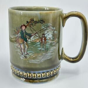 Vtg Wade Irish Porcelain Mug Fly Fishing Boys Ireland Made Green Blue Coffee Tea